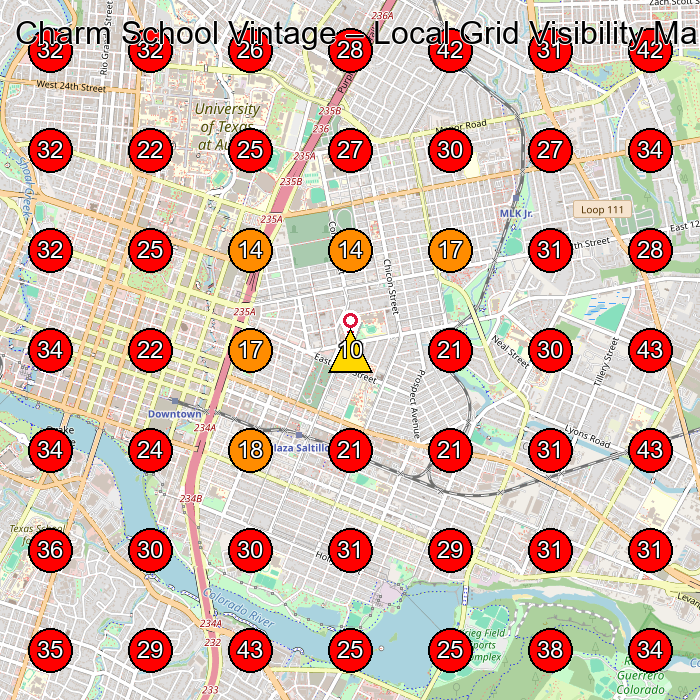 Charm School Vintage GeoGrid visibility map for Vintage Clothing Store in Austin
